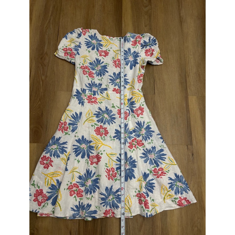 Polo Ralph Lauren Floral Linen Button Front Puff Sleeve Dress White Blue 6 - Picture 8 of 8